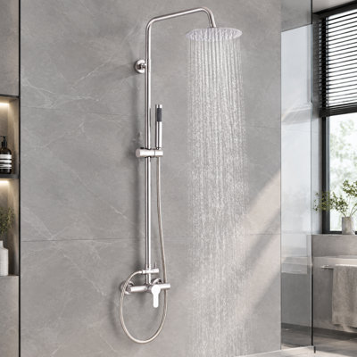 Ensemble de douche extérieure en nickel brossé, robinetterie murale apparente en acier inoxydable SUS304 avec pommeau de douche rond effet pluie de 20 cm et douchette à main, poignée unique, pour jardin, piscine, bord de mer ou intérieur