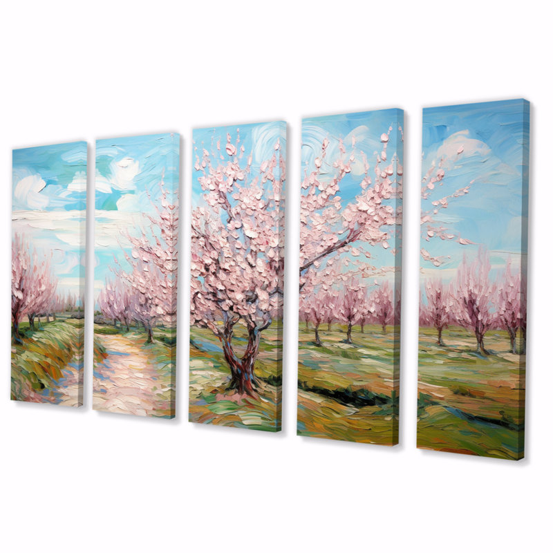 «Vangogh Blooming Cherry Trees», reproduction d'art sur toile Vangogh - 5 panneaux égaux