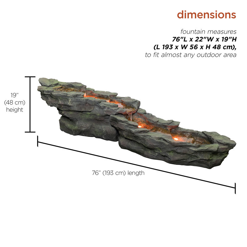 Hamby Resin Tiered Rocky River Stream Fountain with Color Changing LED Light, 19" H x 76" W x 22" D
