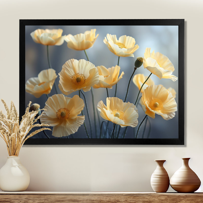 Jaune, gris, coquelicots, magie, merveille I - coquelicots, art mural, Toile encadrée noire simple