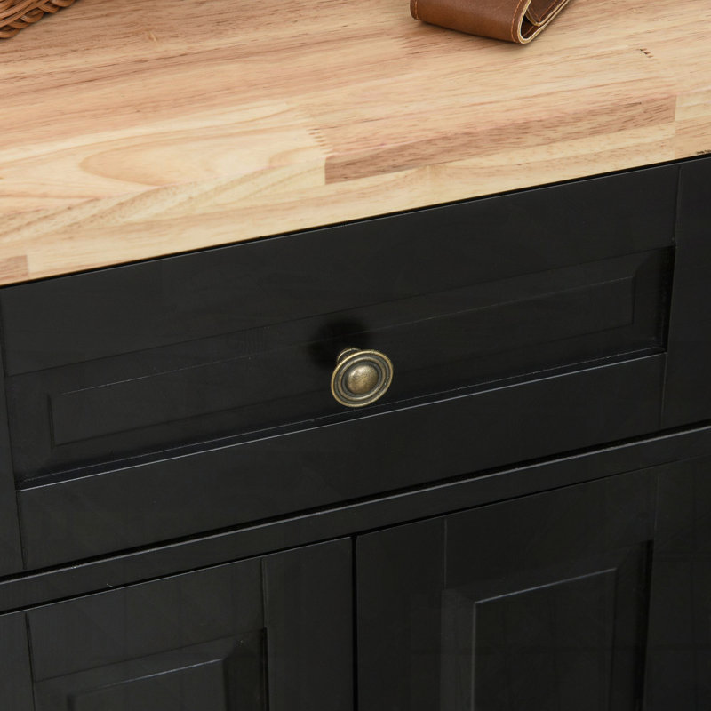 Rolling Kitchen Island Cart with Rubberwood Top Spice Rack Towel Rack and Drawers, Black