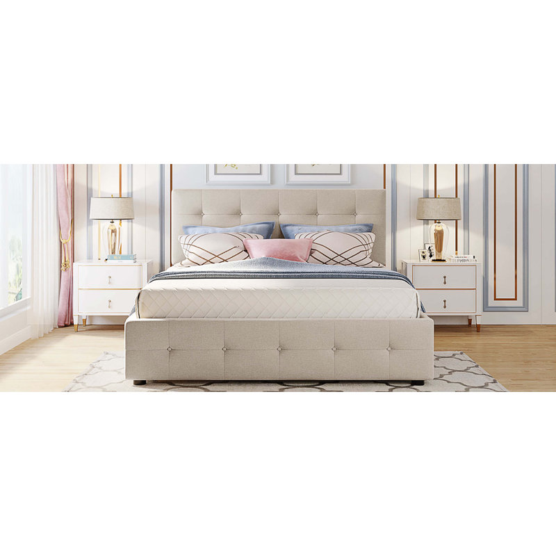 Grand lit plateforme tapissier avec rangement capitonné, Beige