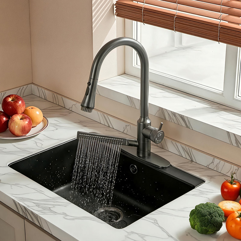 Pull-Down Kitchen Faucet With Side Sprayer & Built-In Cleaning Brush, 3 Spray Modes High-Arc Sink Faucet, Gun Gray