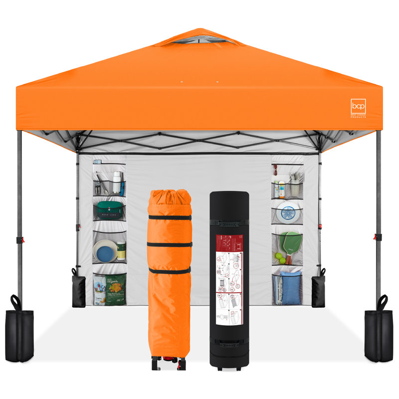 10X10ft Easy Setup Pop Up Canopy, Portable Tent W/ Side Wall, 1-Button Push, Case, Orange