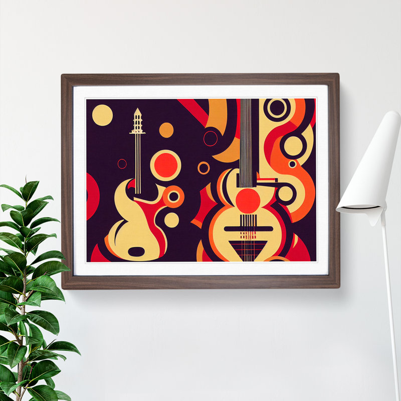 Art Deco Guitar - Single Picture Frame Print, 34cm H x 46cm W x 2cm D, Walnut Framed