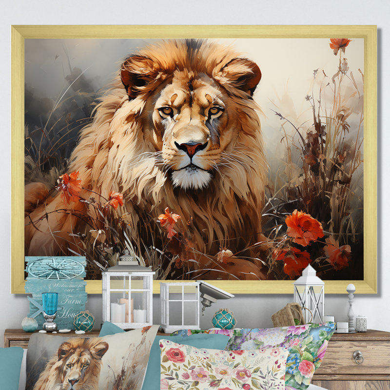 «Lion Wilderness Symphony I» sur toile, Cadre doré simple, H 30 po x l 40 po x P 1,5 po