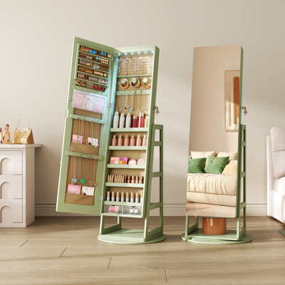 360° Swivel Jewelry Cabinet, Lockable Jewelry Armoire with Full-Length Mirror