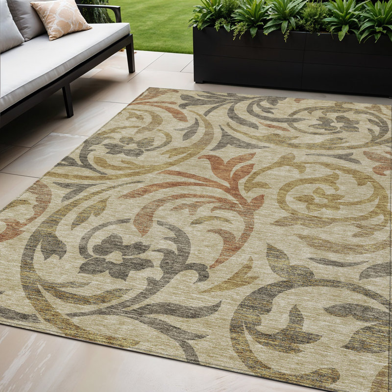 Tapis extérieur lavable floral taupe et cuivre beige 5 pi x 8 pi