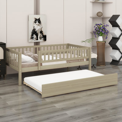 Wood Daybed With Trundle And Fence Guardrails