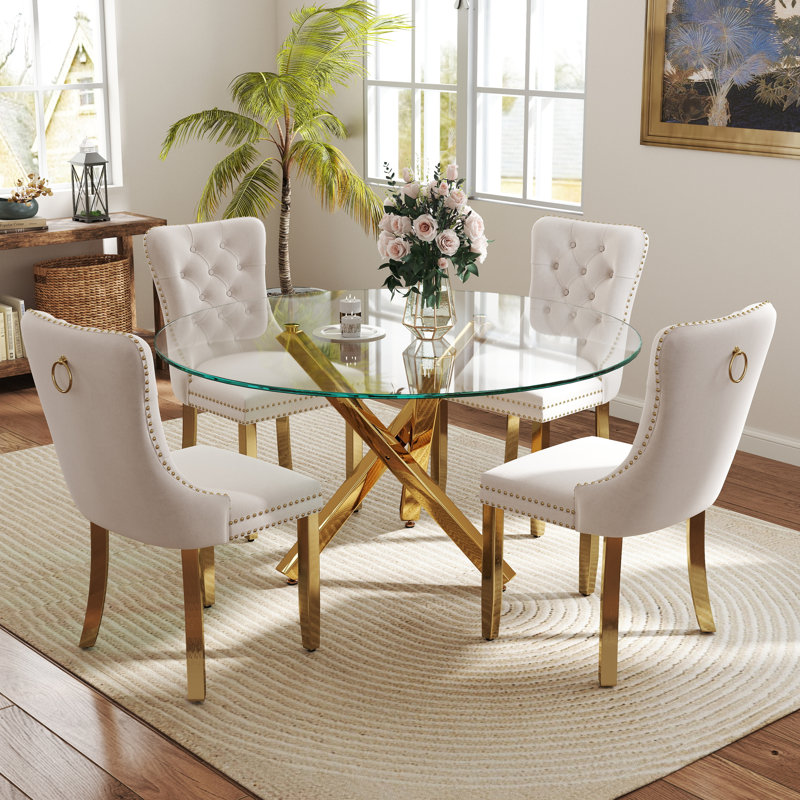 5-Piece Round Glass Dining Table Set, 29.5"H x 47"L x 47"W, Beige/Gold, Gold