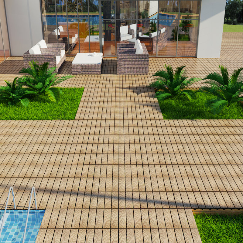 Floor Tiles Pack Of 22  WPC Wood-Plastic Composite Deck Tiles DIY Interlocking Decking Tiles, Teak