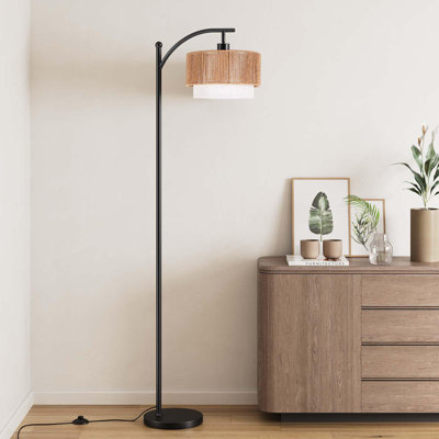 Arc Floor Lamp With Adjustable Rattan Shade - 3 Color Temperature Farmhouse Standing Lamp For Living Room, Modern Boho Corner Floor Light With 12W LED Bulb For Bedroom