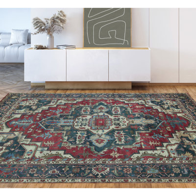 Tapis rouge et bleu noué à la main de haute qualité