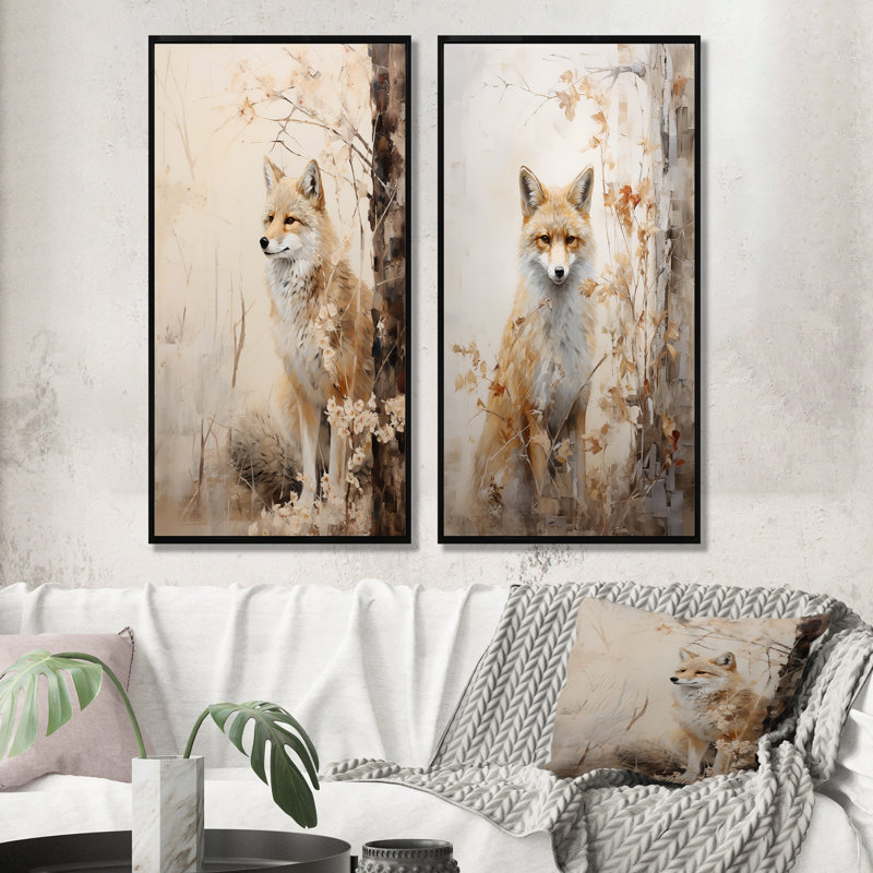 Minimal Wolf In Forest - Wolf Canvas Wall Art Set Of 2, Black Framed, 40" H x 41" W