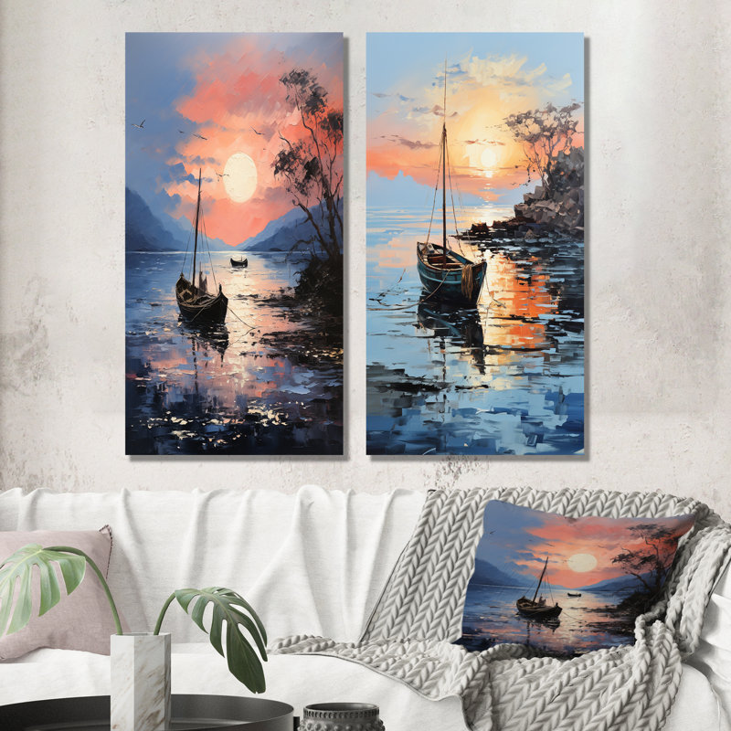 «Lake Fishers Boat Twilight I», ensemble d'art mural sur toile bord de mer, Toile tendue, H 32 po x l 33 po
