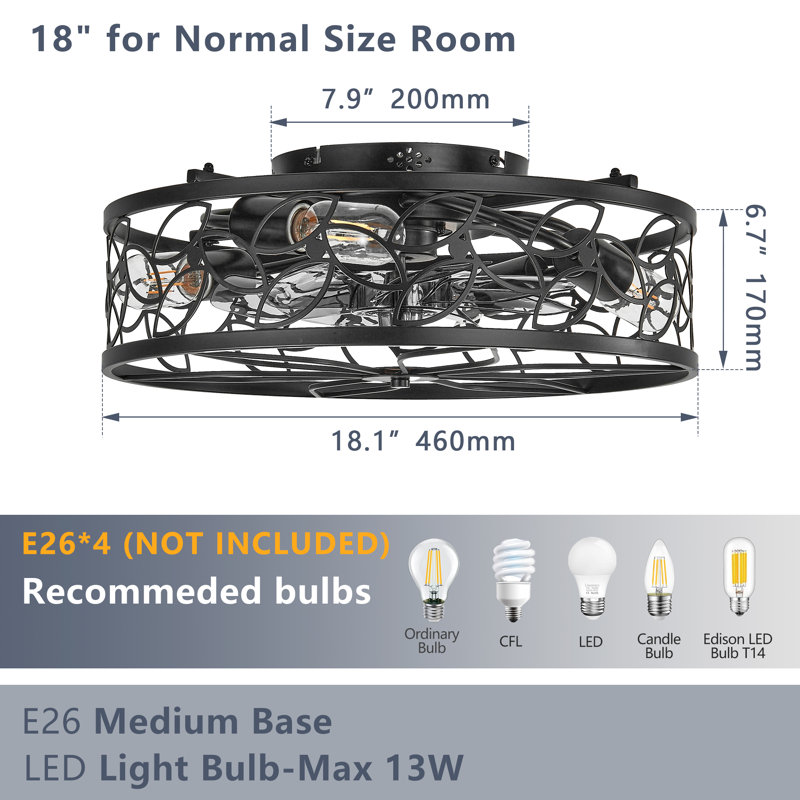 Ventilateur de plafond de 19,7 pouces à cage rustique sans lame - Fonctionnement silencieux, télécommande pour le salon, la chambre à coucher et la cuisine