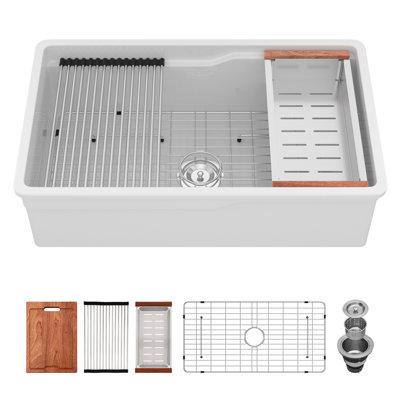 32" L Undermount/Drop-In Kitchen Sink with Z Shape Ledge Workstation White Fireclay Single Bowl Basin with Accessories