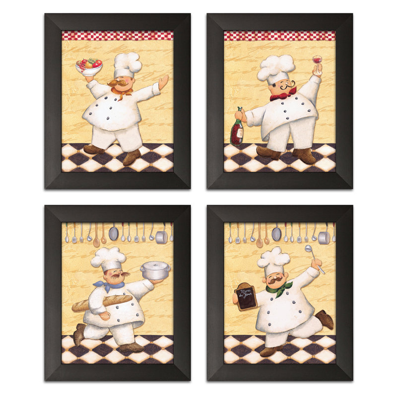 «Happy French Chef Kitchen», ensemble de 4 reproductions d'impressions encadrées
