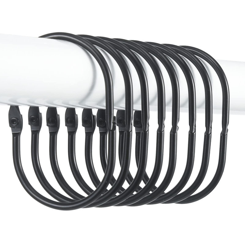 Black Metal Oval Snap Shower Curtain Rings Set of 12