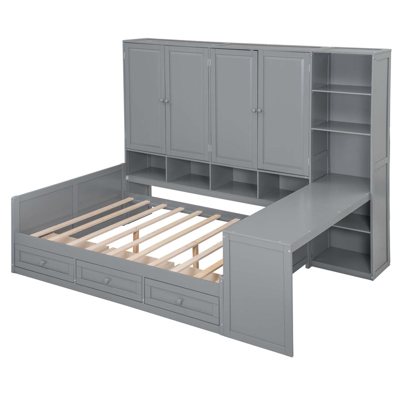 Wooden Daybed With Three Drawers,And All-In-One Cabinet,Desk And Shelves, Gray, Full