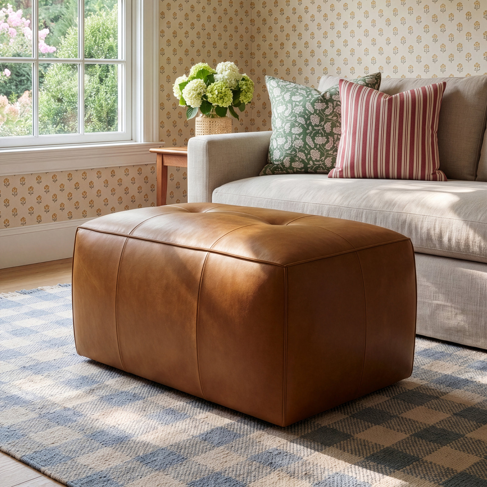 Capa Leather Ottoman, Saddle Tan