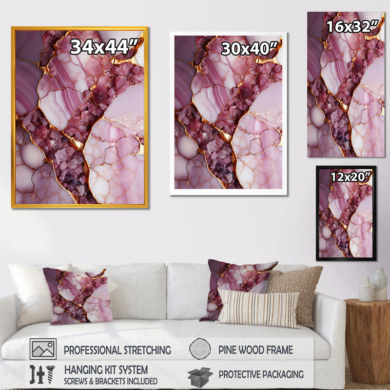 «Pink and Gold Marble River III», reproduction d'art murale abstraite, Toile tendue, H 20 po x l 12 po x P 1 po