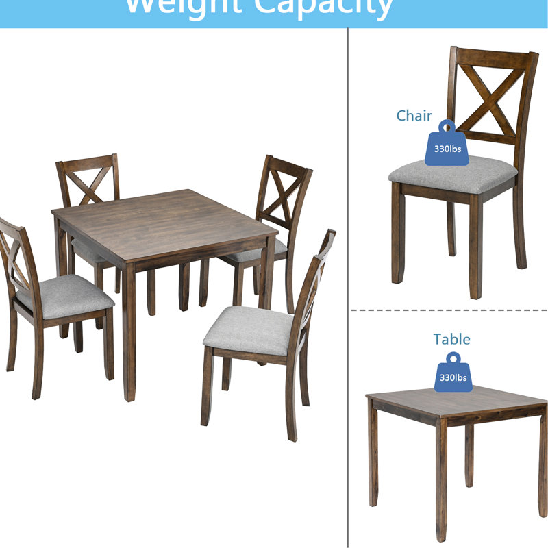 5 tables de salle à manger en bois de noyer massif avec 4 chaises, une structure, des sièges confortables, une table moderne en forme de X, facile à nettoyer, idéale pour les cuisines