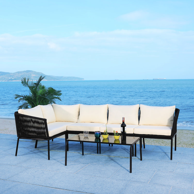 Wood 5 - Person Patio Conversation Set with Cushions, Black, Beige