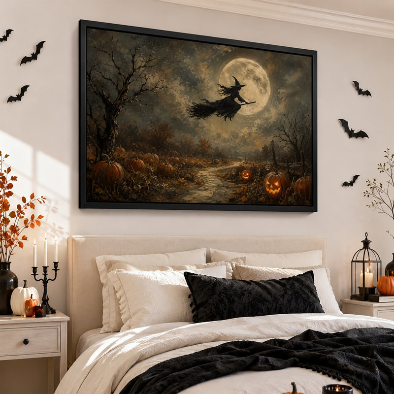 «Witch Flying Over Autumn Pumpkin Patch Under Full Halloween», art mural sur toile, H 20 po x l 30 po