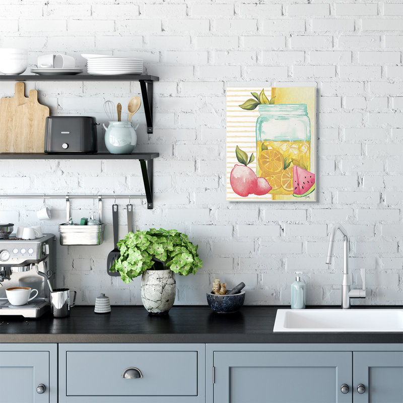 «Iced Lemonade Pitcher Abstract Pink Lemon Fruit» par Elizabeth Medley - impression d'art graphique, Plaque en bois