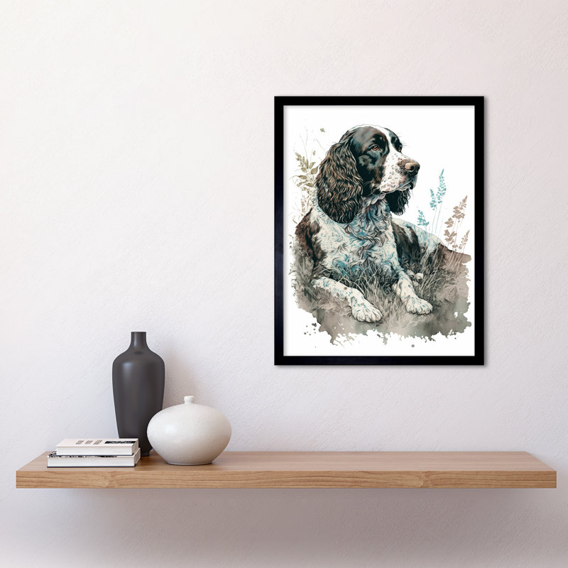 English Springer Spaniel Dog Lying in Field Modern Watercolour - Picture Frame Rectangle Print