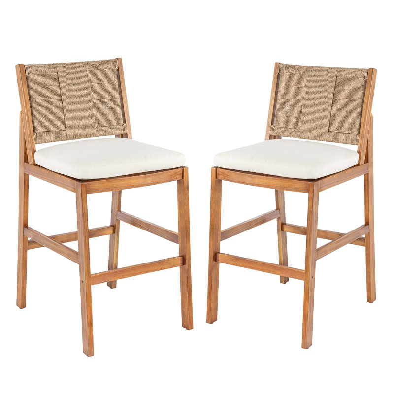 Altoga 28'' Seat Height Outdoor Bar Stool Solid Acacia Wood and Woven PE Wicker, Light Brown/Teak