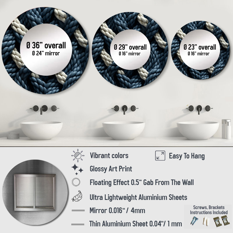 Rondalyn Coastal Rope Motifs - blanc et bleu - miroir côtier, miroir mural décoratif rond bleu, impression d'art en métal