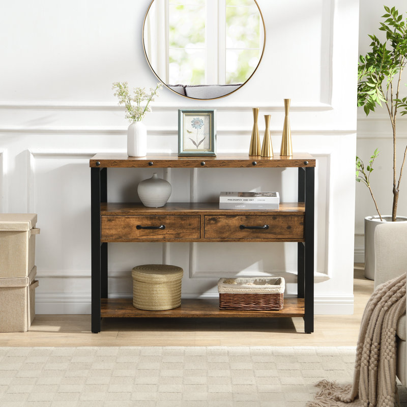 Console Table 2 Drawers 2 Open Shelves Storage Hallway Entryway Table Industrial Rustic