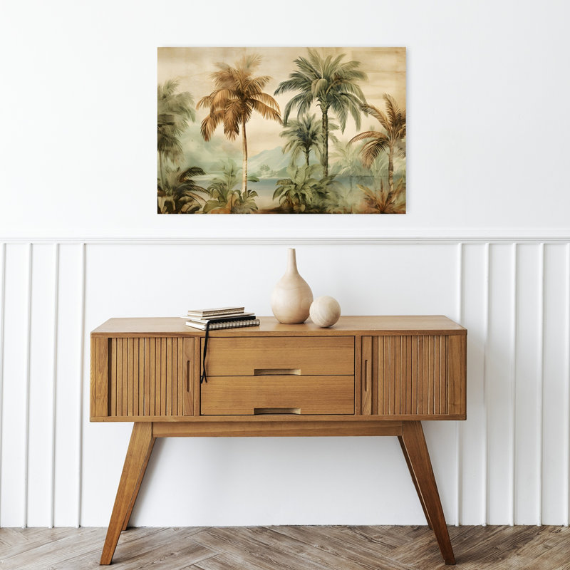 Palm Jungle Elegant Peaceful Retro Palm Tree Beach Landscape Wall Art Print 1 Piece Wrapped Canvas Wall Art
