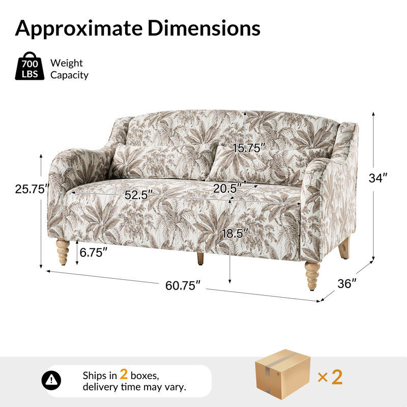 Causeuse Darley de 60,75 po avec accoudoirs courbés et pieds en bois massif Darley, Ivory Taupe