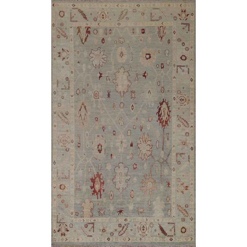 Tapis floral bleu / orange en laine noué à la main 5 pi 9 po x 9 pi 1 po Floral