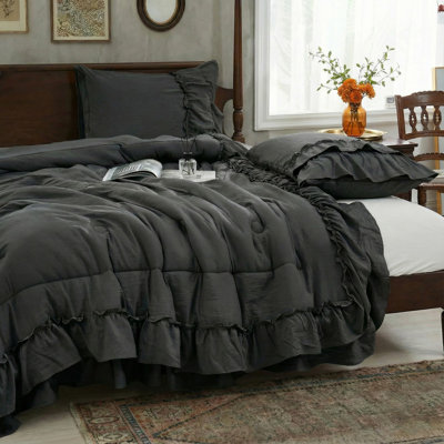 Dark Grey Comforter Set Queen Boho Bedding Set 2 Layers Ruffled Bedroom Home Decor Ultra Soft Microfiber Farmhouse Comforter Bohemian Quilt Set