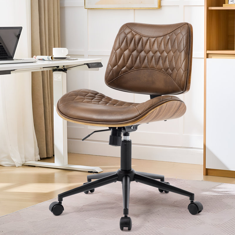 Home Office Chair No Arms with Wheels, Adjustable Height Small Desk Chair, Brown