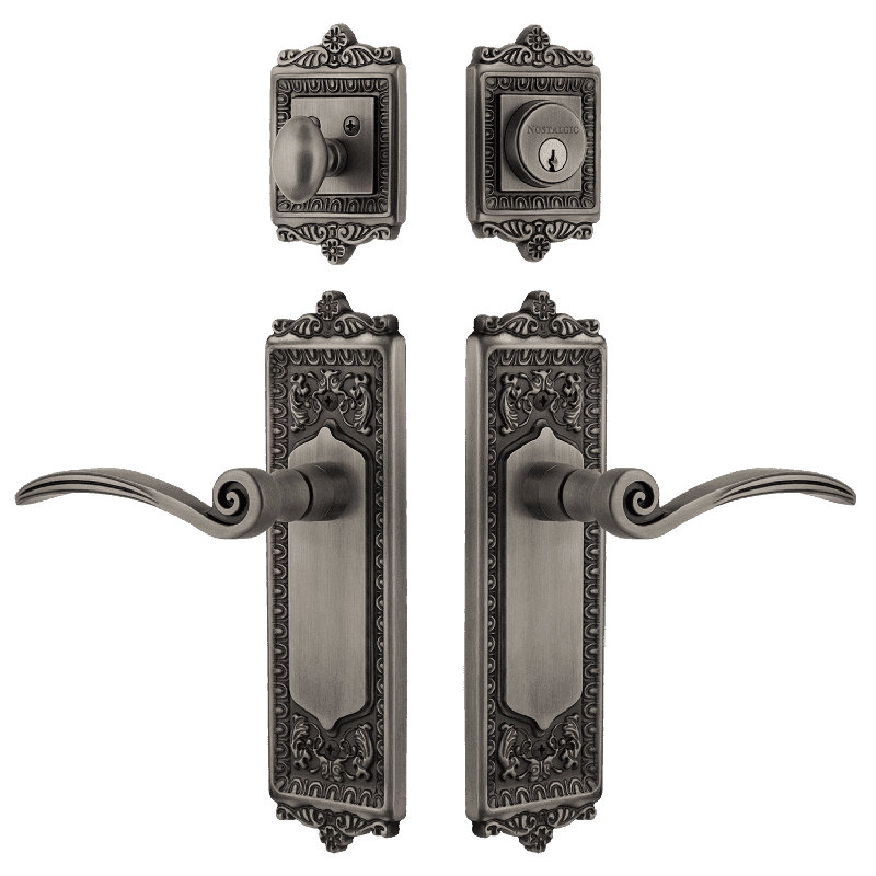 Nostalgic Warehouse Egg & Dart Entry Set With Swan Lever In -2 3/4" Backset-Right Handed, Antique Pewter, 2.75