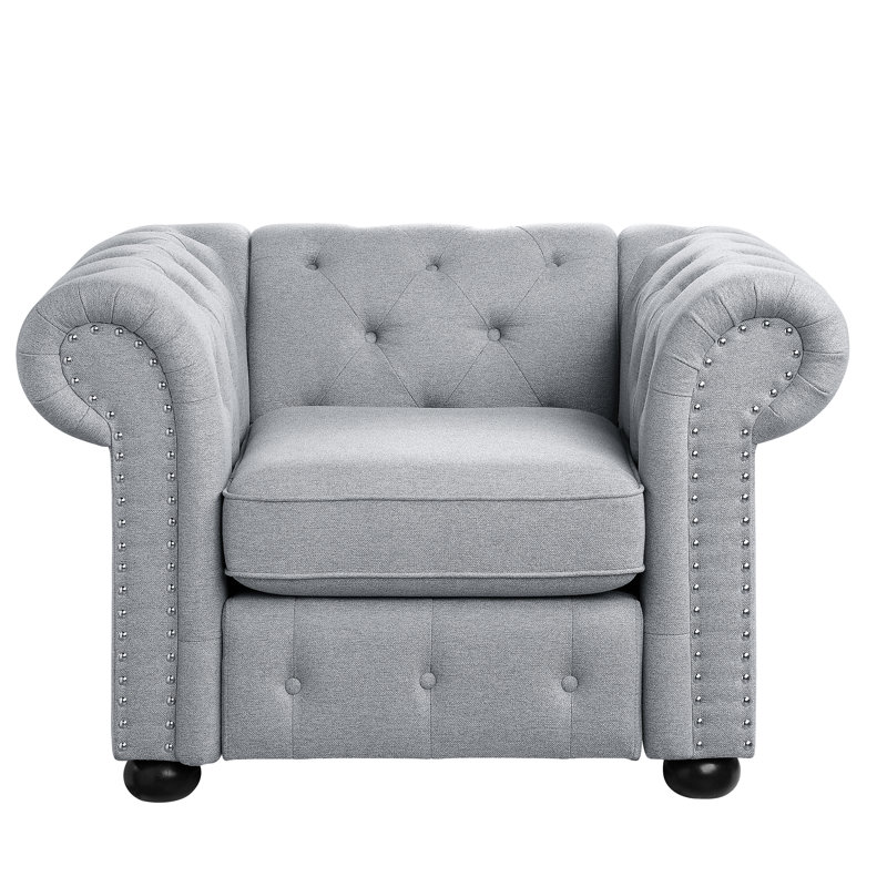 Gleda 44.09" W Tufted Chenille Rolled Arm Chesterfield Accent Chair, Light Gray Chenille
