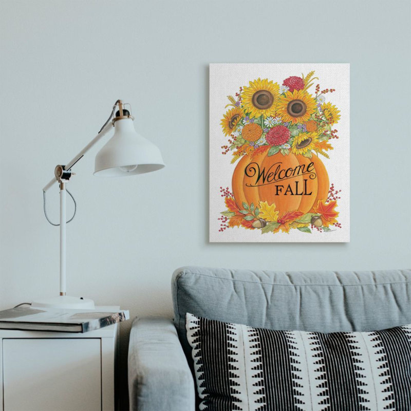 «Welcome Fall Expression Autumn Pumpkin Sunflower Florals» par Deb Strain - impression d'art graphique, H 30 po x l 24 po