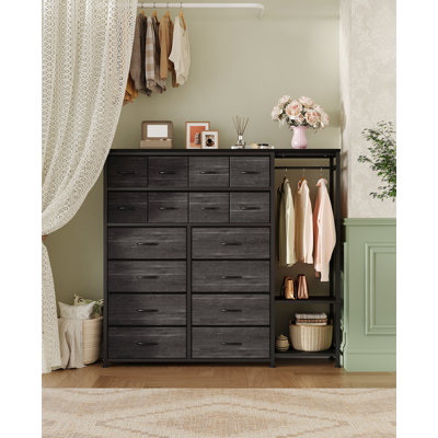 Commode tour de rangement en tissu avec 16 tiroirs et support à vêtements attaché, unité de rangement de vêtements autoportante, coffre de rangement spacieux pour la chambre à coucher pour les vêtements, les accessoires, la literie et le ménage quotidien