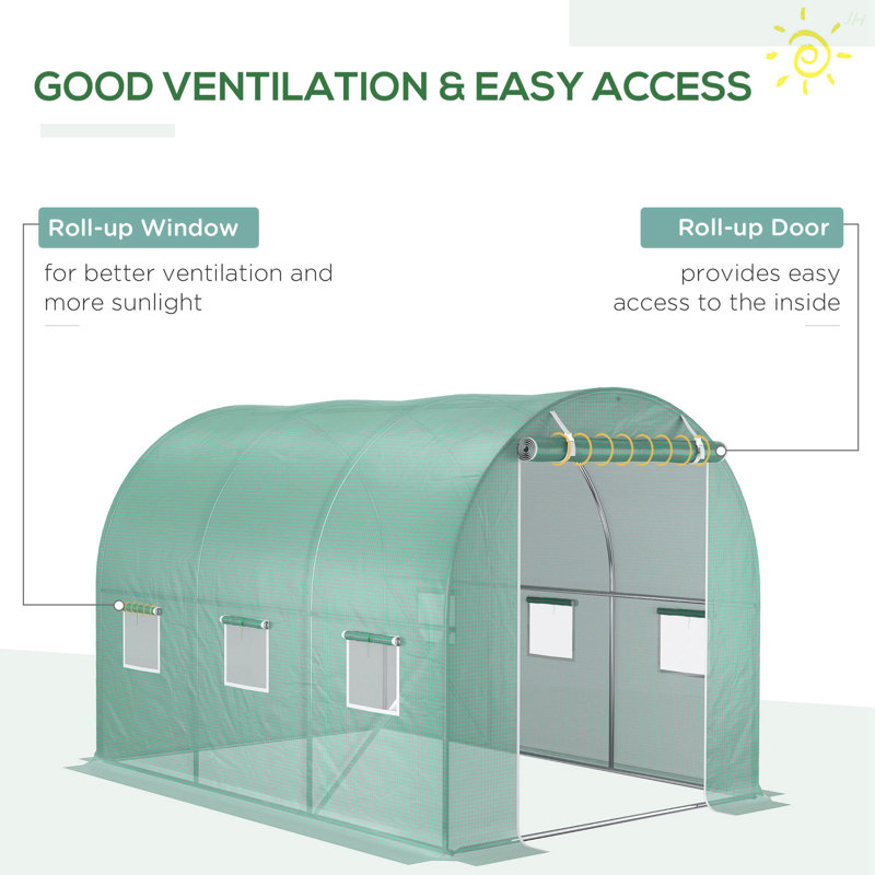 9.8' X 6.6' X 6.6' Plastic Greenhouse Cover Replacement, Heavy Duty Waterproof Tarp For Hoop House, Sheeting With 6 Windows, Door & Reinforcement Grid, Green