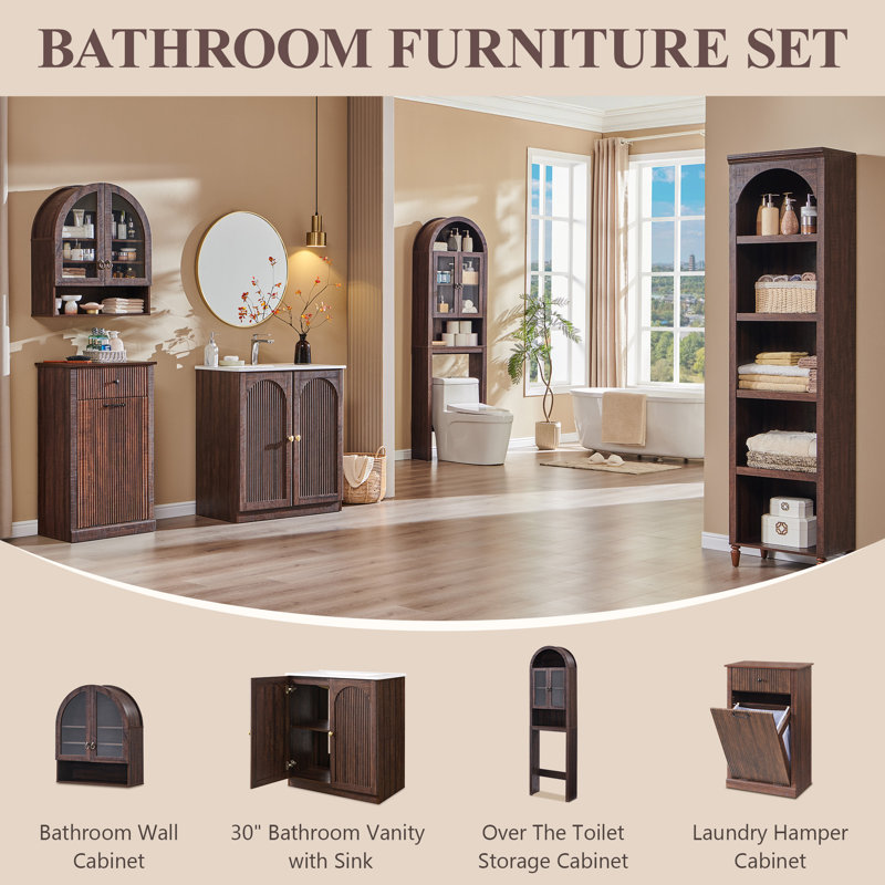 Ahart 30" Arched Bathroom Vanity with Sink & Ceramic Top, Modern Fluted Bathroom Vanity Cabinet with Adjustable Storage Shelf, Freestanding Single Bathroom Vanity