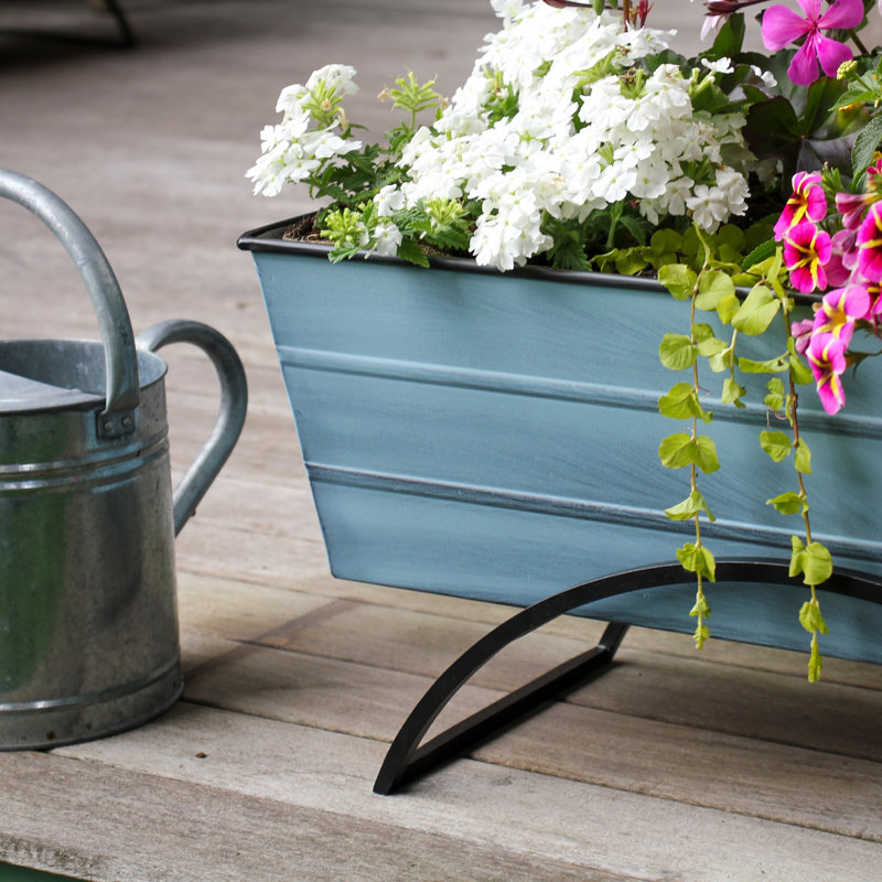 Medium Blue Galvanized Steel Planter Box with Black Iron Stand