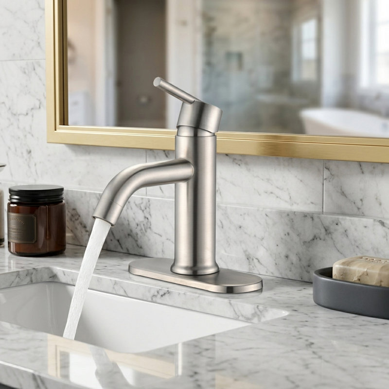 Robinet de salle de bain monocorps et monocorps TJAAA237 avec plaque de pont incluse et résistant aux taches en nickel brossé