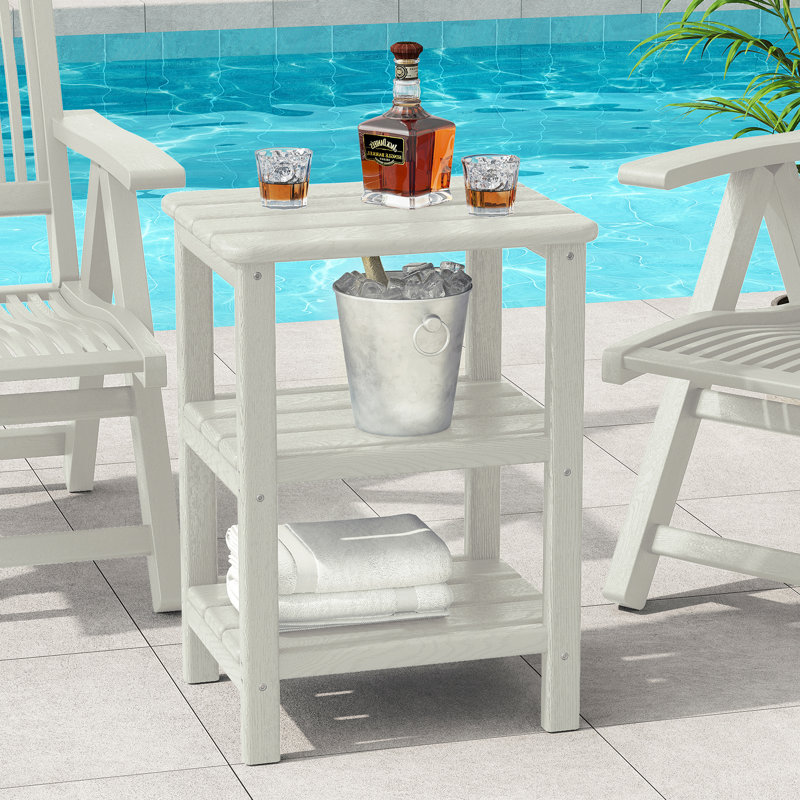 HDPE 3-Tier Outdoor Side Table, Weather Resistant Rectangular Adirondack End Table with Storage Shelves for Patio & Pool