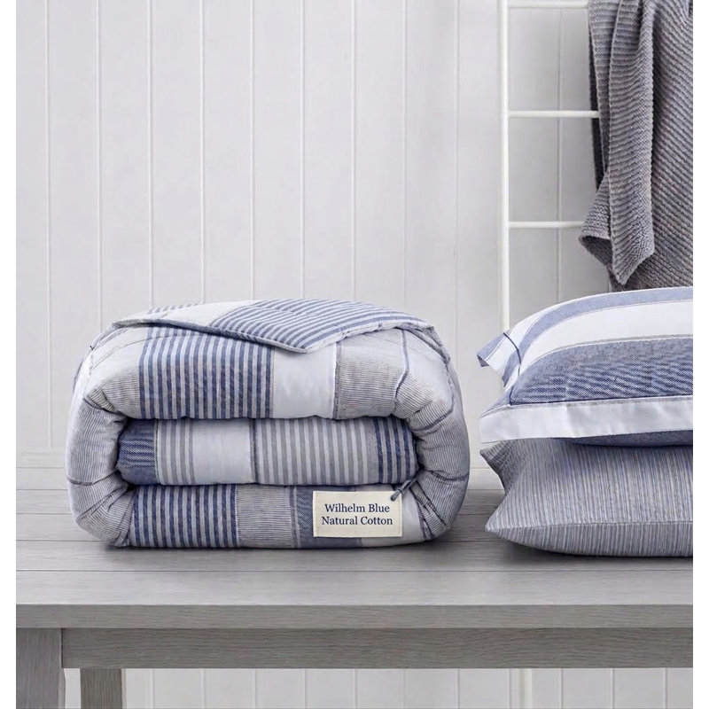 Wilhelm Blue Stripe 100% Cotton Reversible Comforter Set with Pillowcases, Queen Comforter + 2 Shams