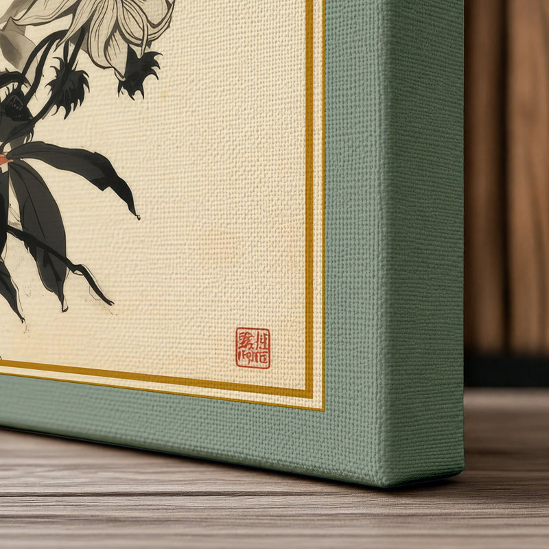 Contemplative Sunflower Japandi - Wrapped Canvas, 36x24 - 91.4 x 61.0 cm, Sage Border